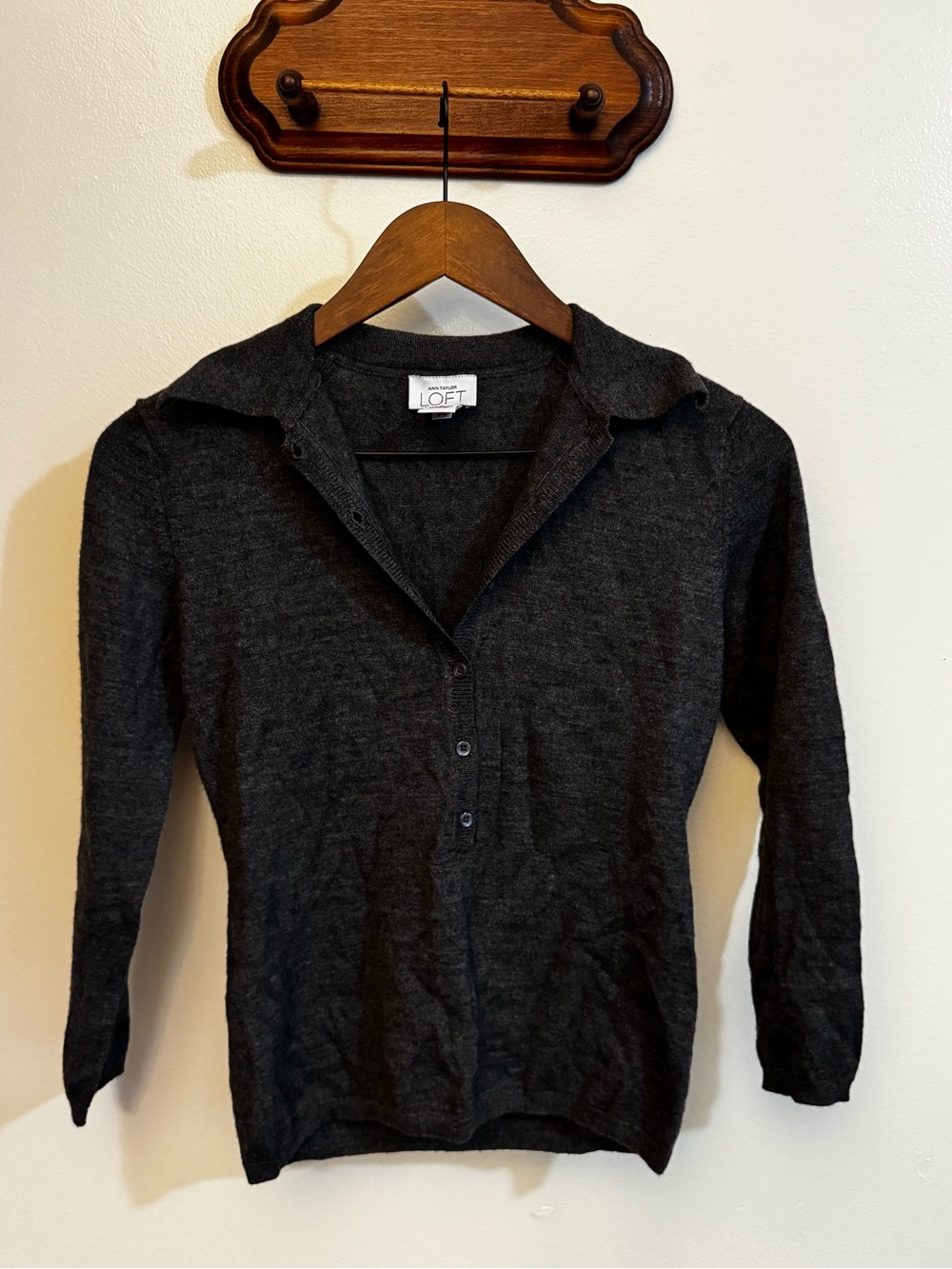 Ann Taylor x LOFT Charcoal V-Neck Collared Button Merino Wool Sweater